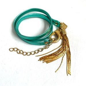 ARTISAN TEAL LEATHER TRIPLE WRAP BRACELET TASSEL 18K GP HARDWARE